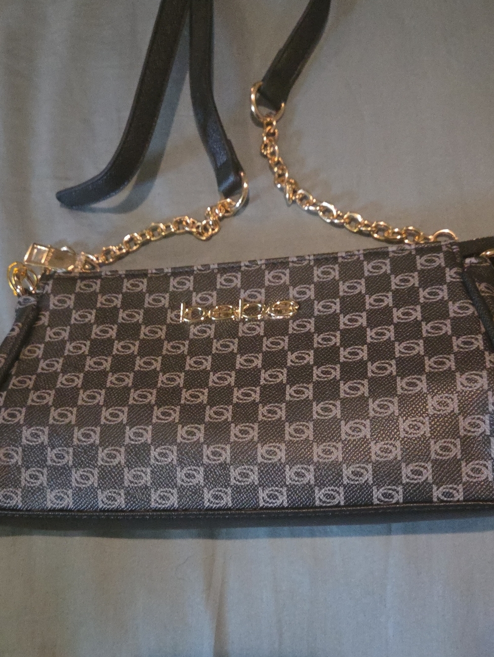 Insignia Pattern Black Crossbody Bag with Gold Chain
